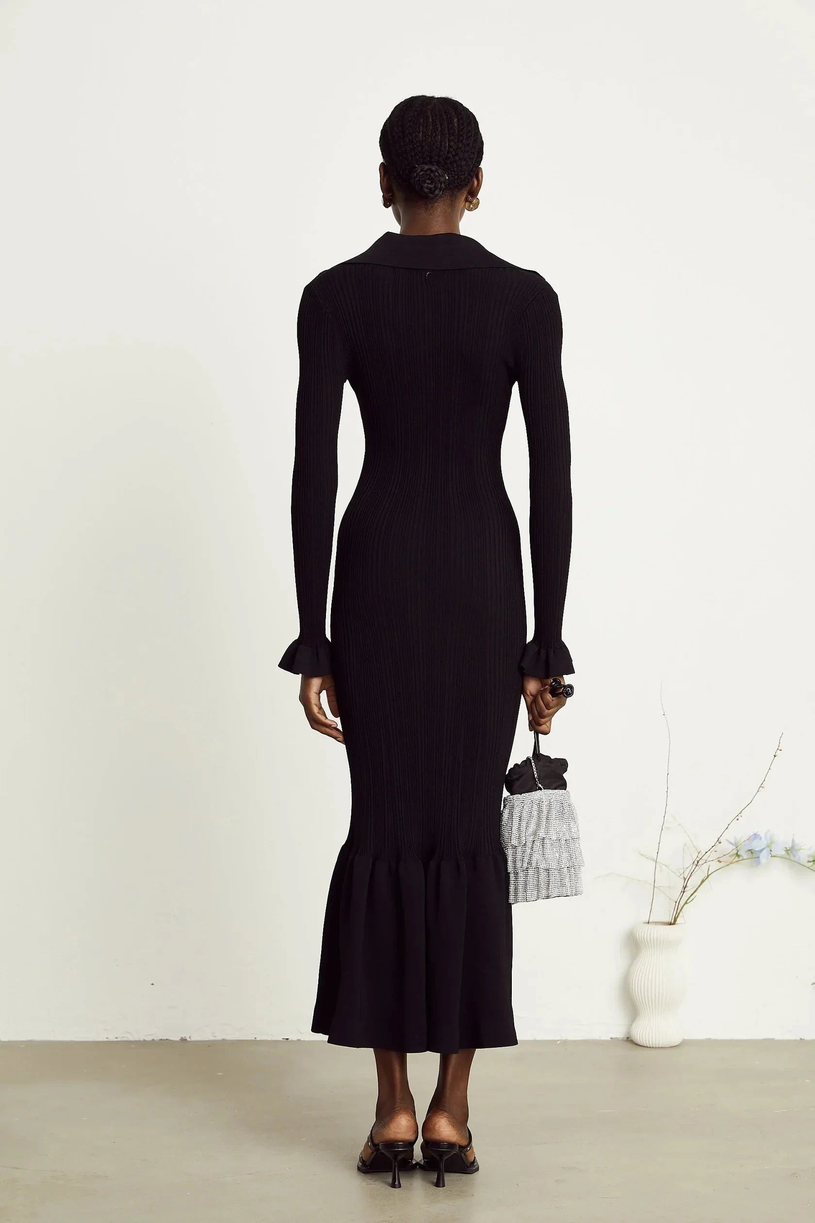 Black Long Sleeve Ruffled Hem Midi Dress Priscille black ruffled midi dress Evening Dress by YiHuiw
