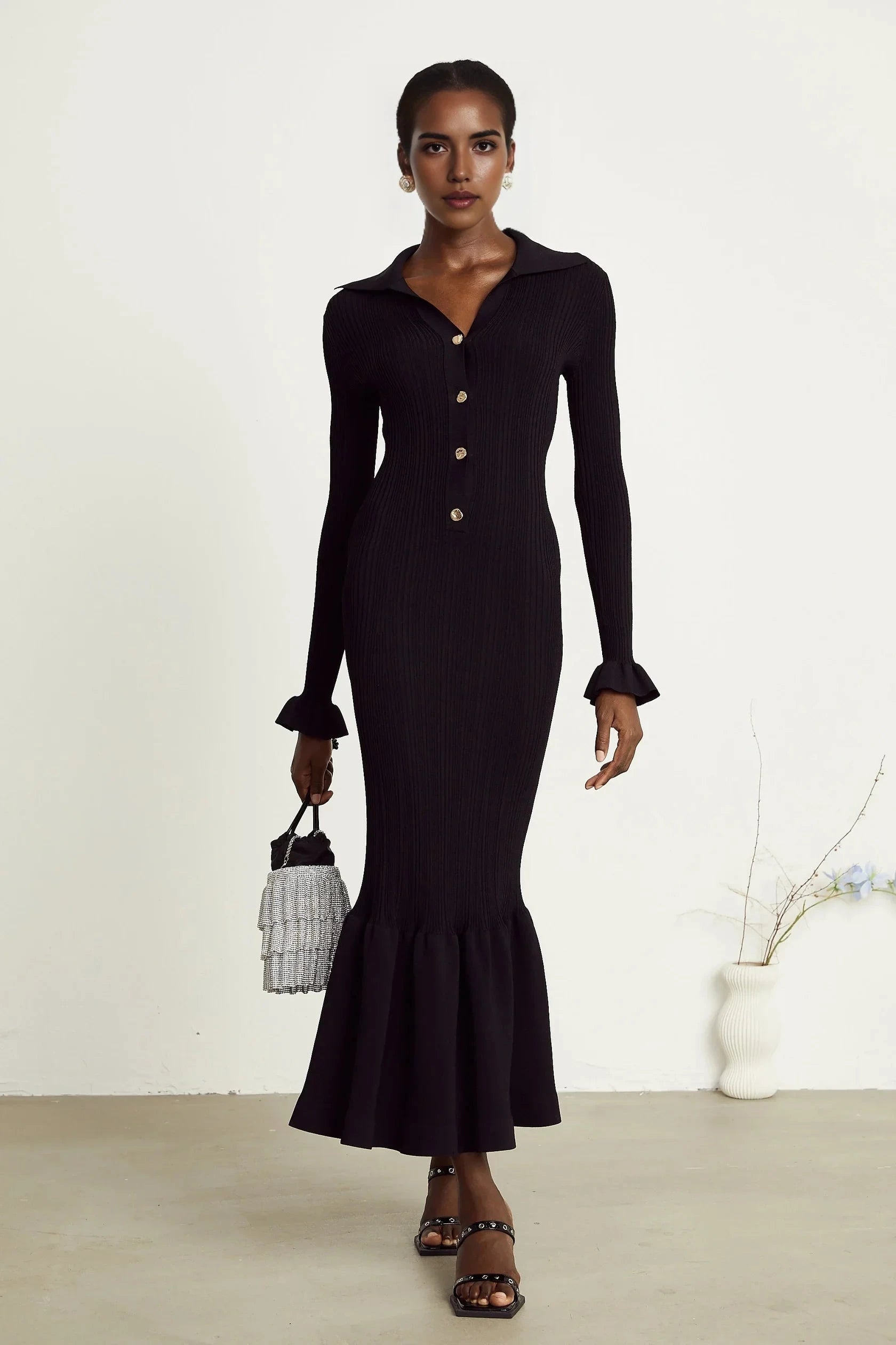 Black Long Sleeve Ruffled Hem Midi Dress Priscille black ruffled midi dress Evening Dress by YiHuiw