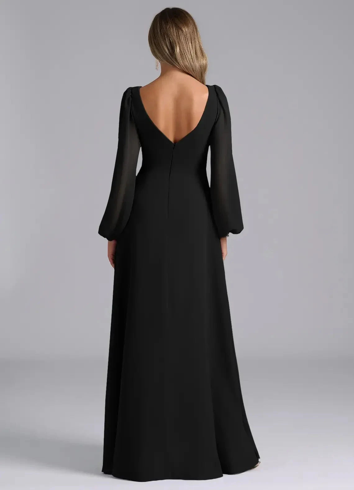 Black Long Sleeve V-Neck Maxi Dress with Side Slit and Open Back Black A-Line Long Sleeve Chiffon Dress Bridesmaid Dresses by YiHuiw