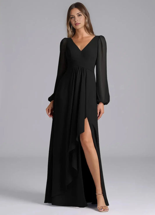 Black Long Sleeve V-Neck Maxi Dress with Side Slit and Open Back Black A-Line Long Sleeve Chiffon Dress Bridesmaid Dresses by YiHuiw