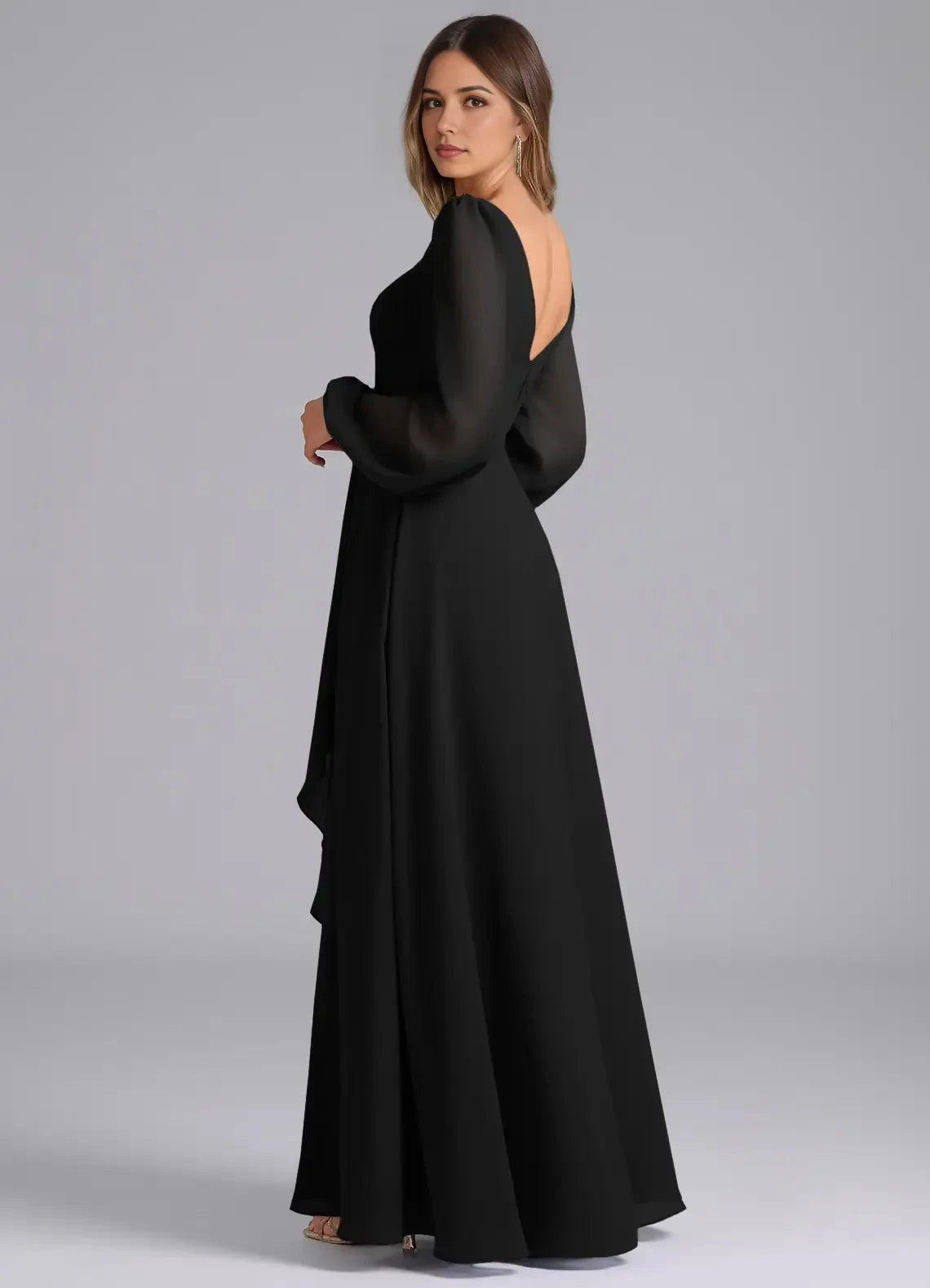 Black Long Sleeve V-Neck Maxi Dress with Side Slit and Open Back Black A-Line Long Sleeve Chiffon Dress Bridesmaid Dresses by YiHuiw