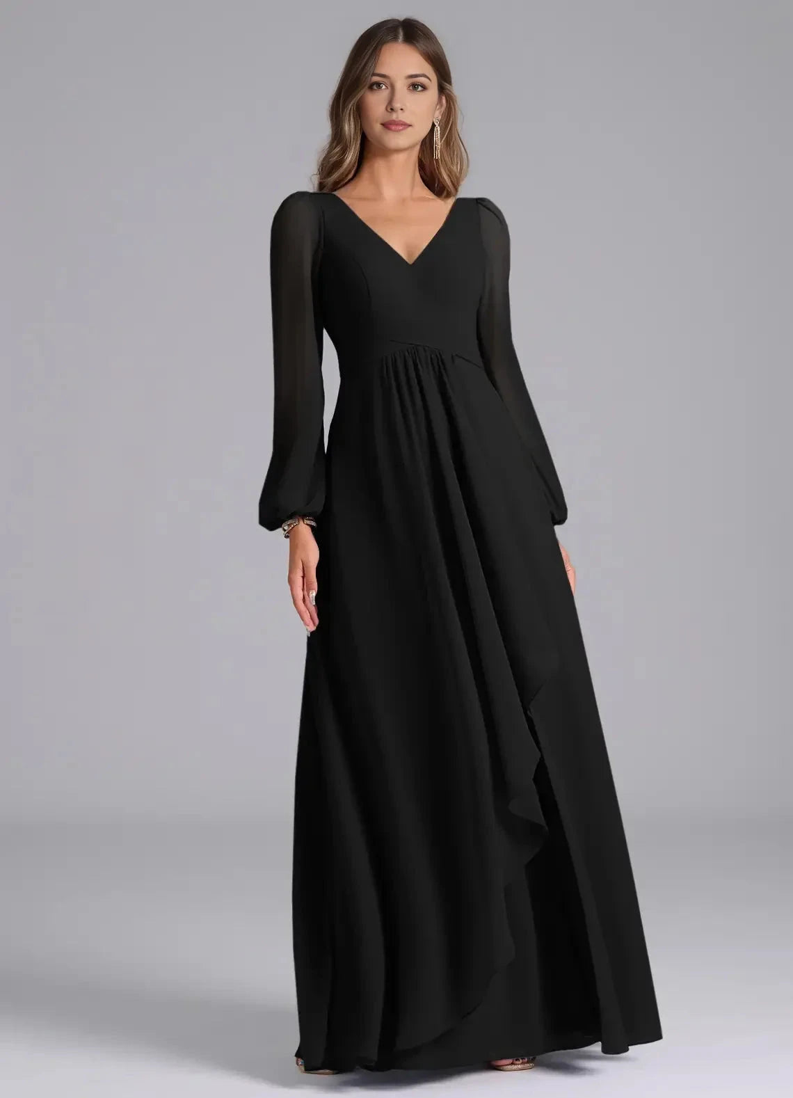 Black Long Sleeve V-Neck Maxi Dress with Side Slit and Open Back Black A-Line Long Sleeve Chiffon Dress Bridesmaid Dresses by YiHuiw