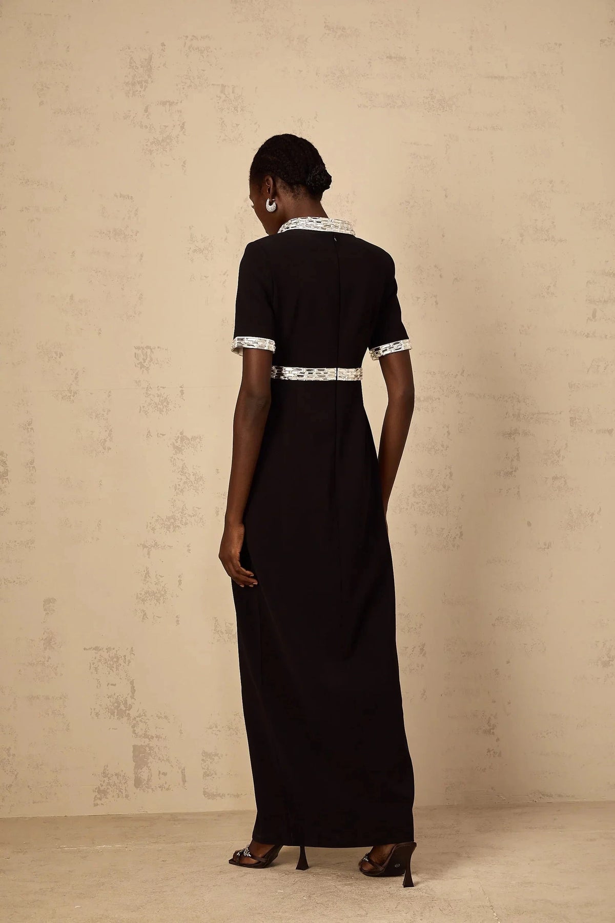 Black Maxi Dress with Silver Embellished Detailing Black Front Slit Crystal Embellished Maxi Dress Evening Dress by YiHuiw