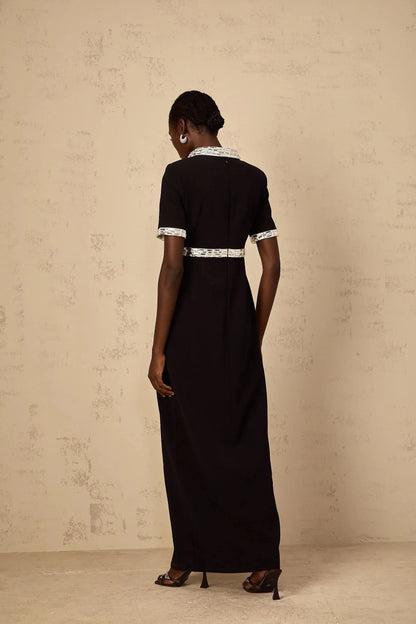 Black Maxi Dress with Silver Embellished Detailing Black Front Slit Crystal Embellished Maxi Dress Evening Dress by YiHuiw