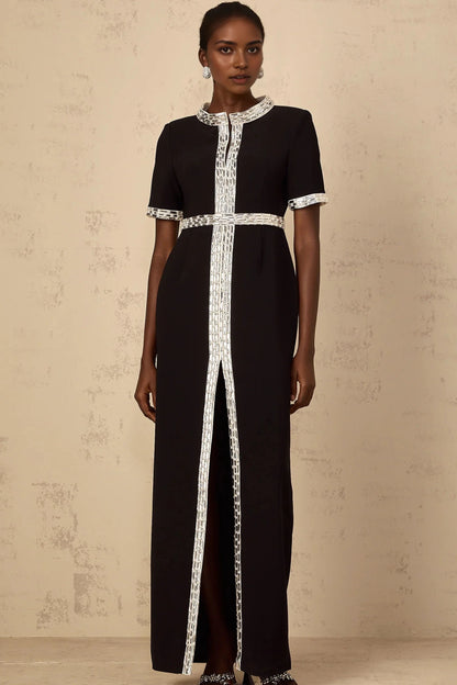 Black Maxi Dress with Silver Embellished Detailing Black Front Slit Crystal Embellished Maxi Dress Evening Dress by YiHuiw
