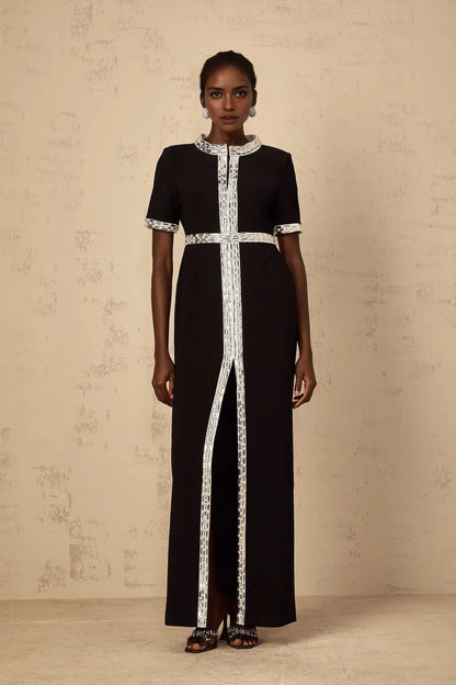 Black Maxi Dress with Silver Embellished Detailing Black Front Slit Crystal Embellished Maxi Dress Evening Dress by YiHuiw