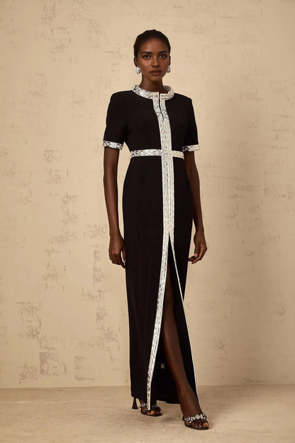 Black Maxi Dress with Silver Embellished Detailing Black Front Slit Crystal Embellished Maxi Dress Evening Dress by YiHuiw