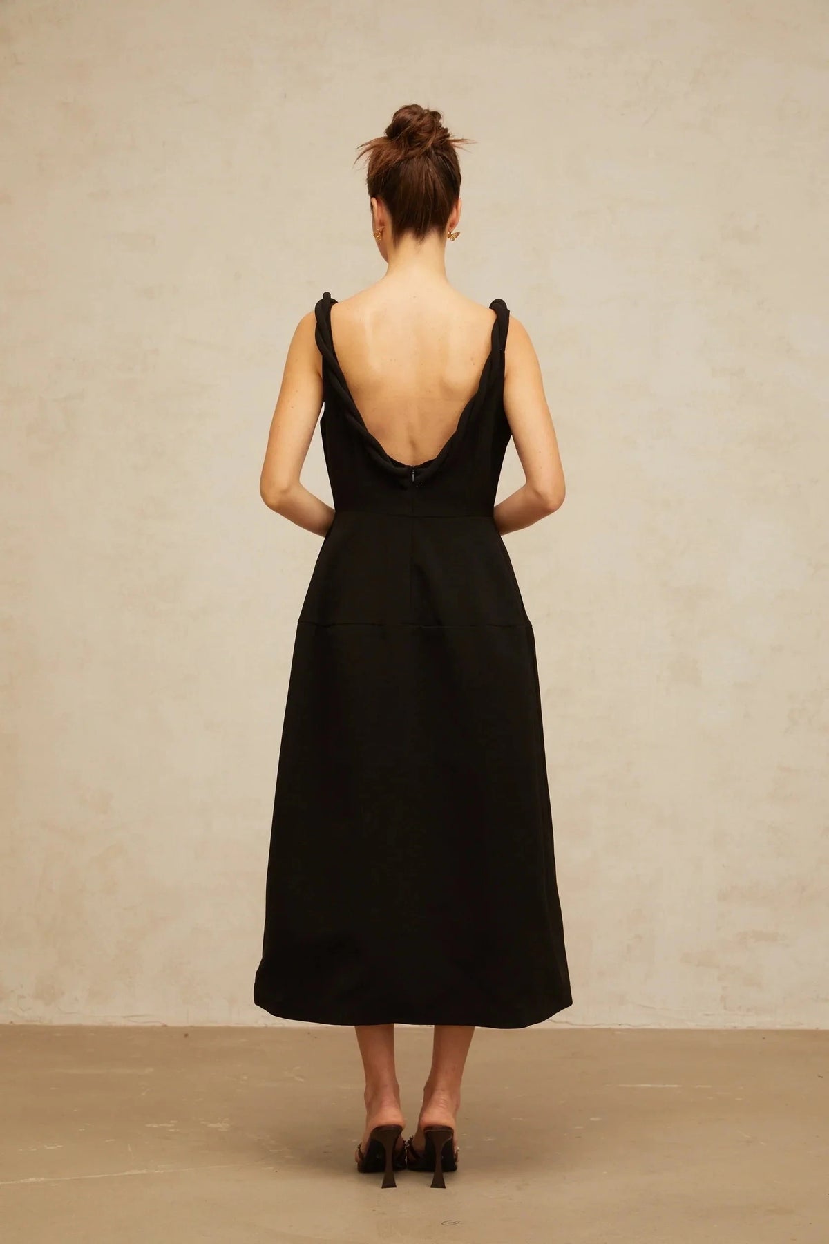 Black Midi Dress with Twisted Strap and Open Back Hermine black braided puff midi dress Evening Dress by YiHuiw