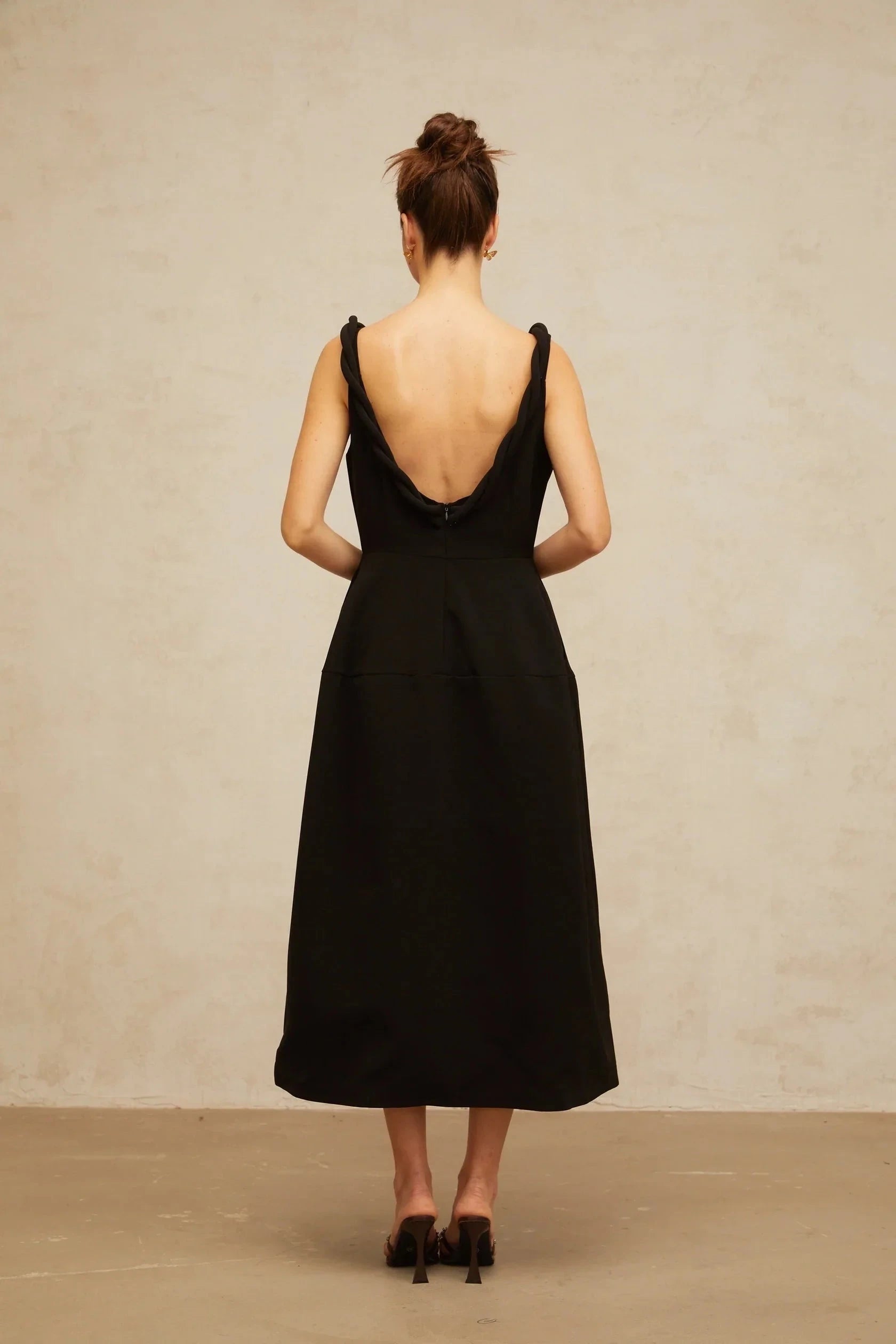 Black Midi Dress with Twisted Strap and Open Back Hermine black braided puff midi dress Evening Dress by YiHuiw