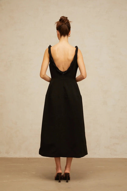 Black Midi Dress with Twisted Strap and Open Back Hermine black braided puff midi dress Evening Dress by YiHuiw