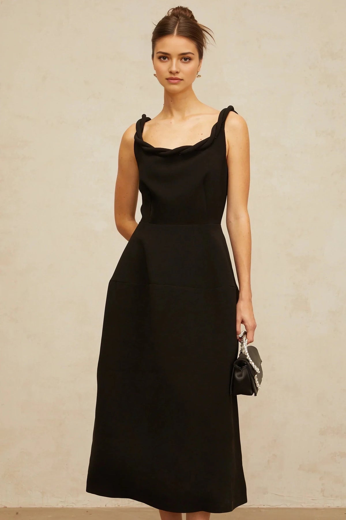 Black Midi Dress with Twisted Strap and Open Back Hermine black braided puff midi dress Evening Dress by YiHuiw
