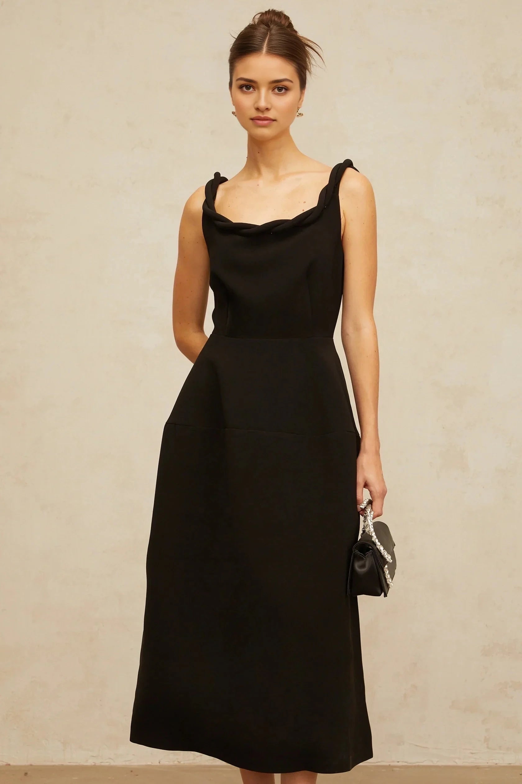 Black Midi Dress with Twisted Strap and Open Back Hermine black braided puff midi dress Evening Dress by YiHuiw