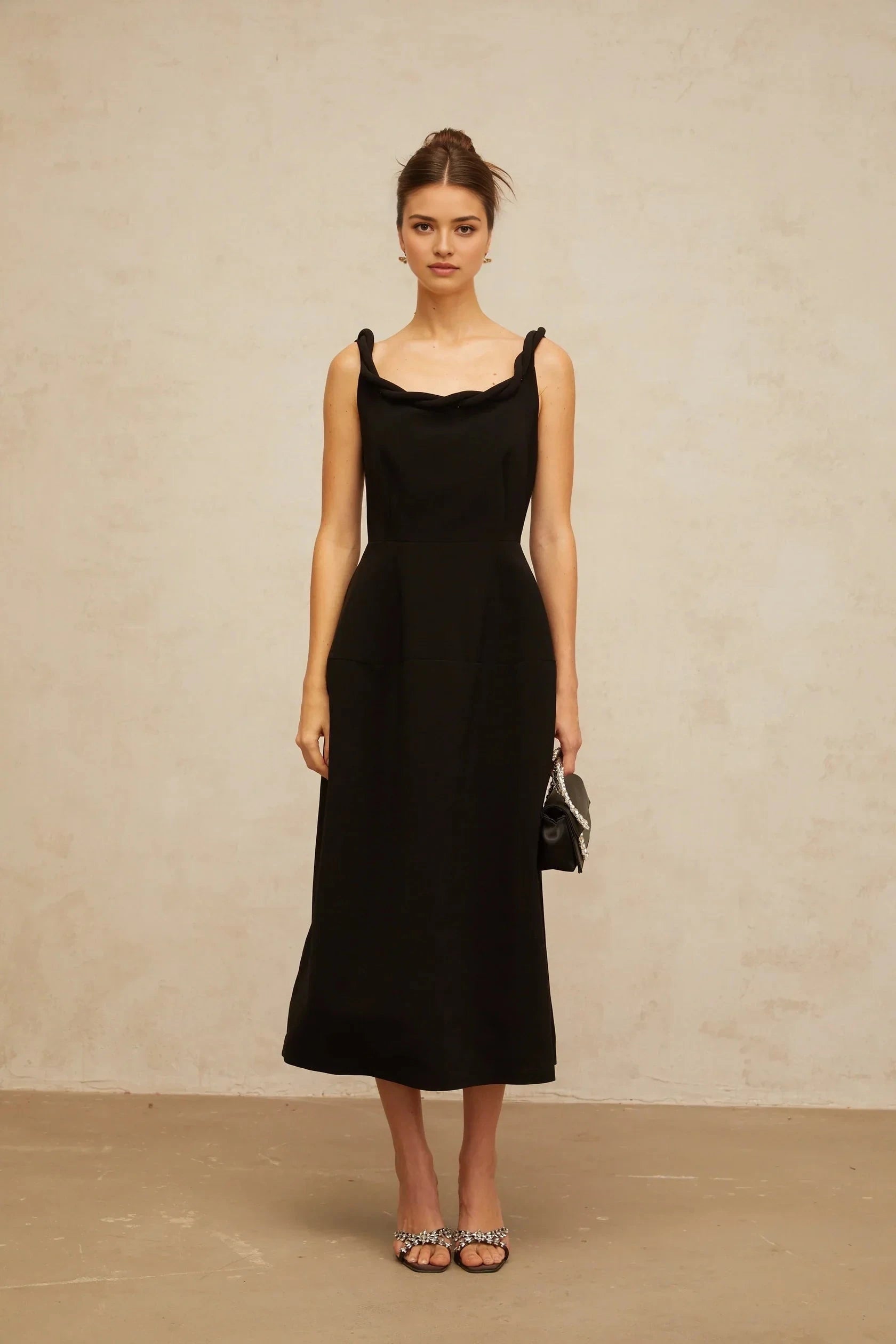 Black Midi Dress with Twisted Strap and Open Back Hermine black braided puff midi dress Evening Dress by YiHuiw