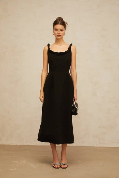 Black Midi Dress with Twisted Strap and Open Back Hermine black braided puff midi dress Evening Dress by YiHuiw
