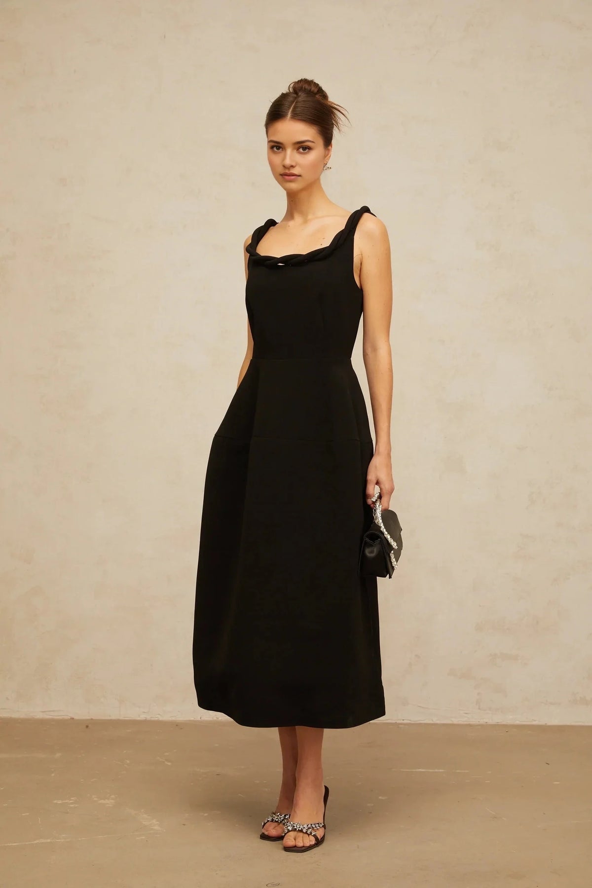 Black Midi Dress with Twisted Strap and Open Back Hermine black braided puff midi dress Evening Dress by YiHuiw
