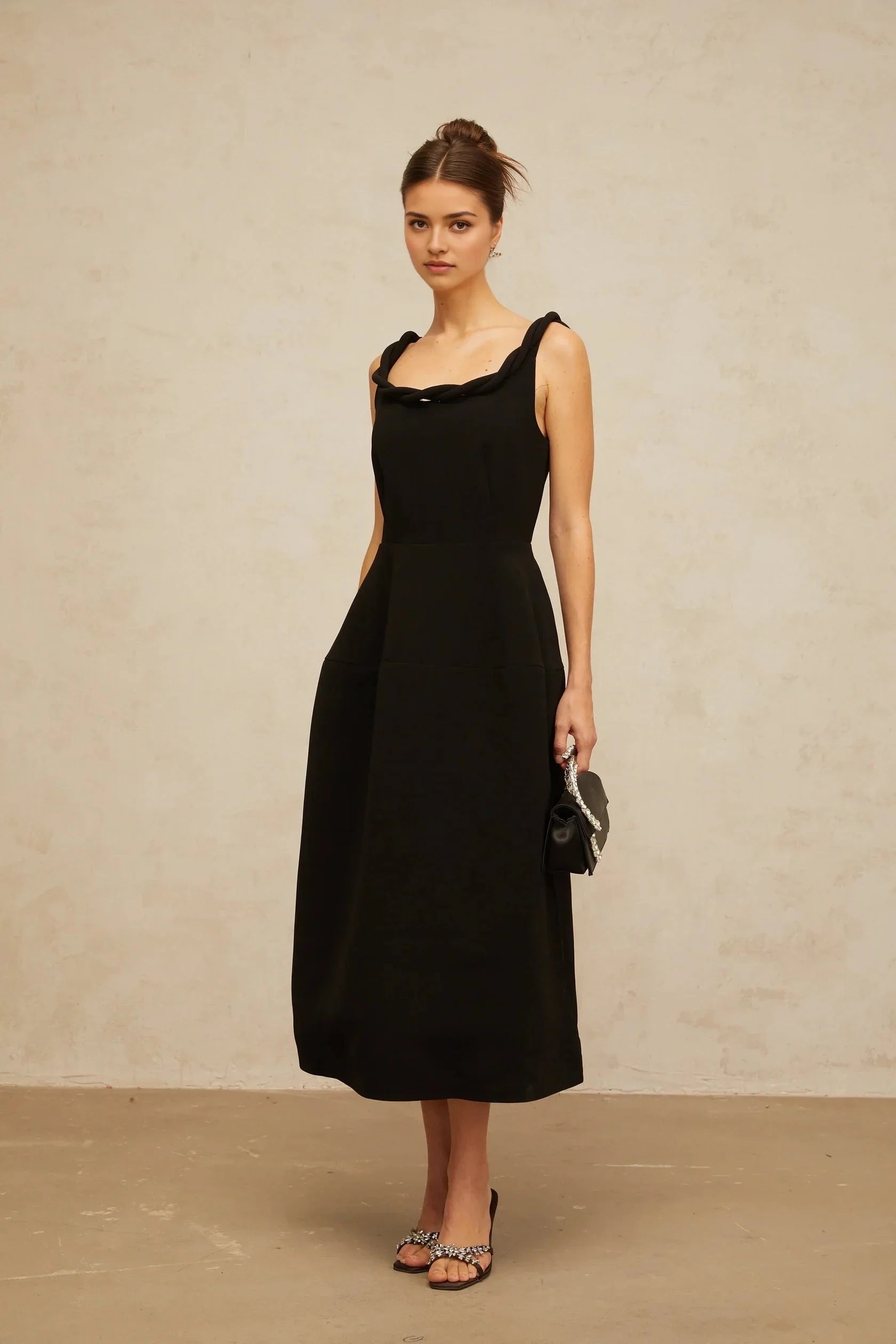 Black Midi Dress with Twisted Strap and Open Back Hermine black braided puff midi dress Evening Dress by YiHuiw