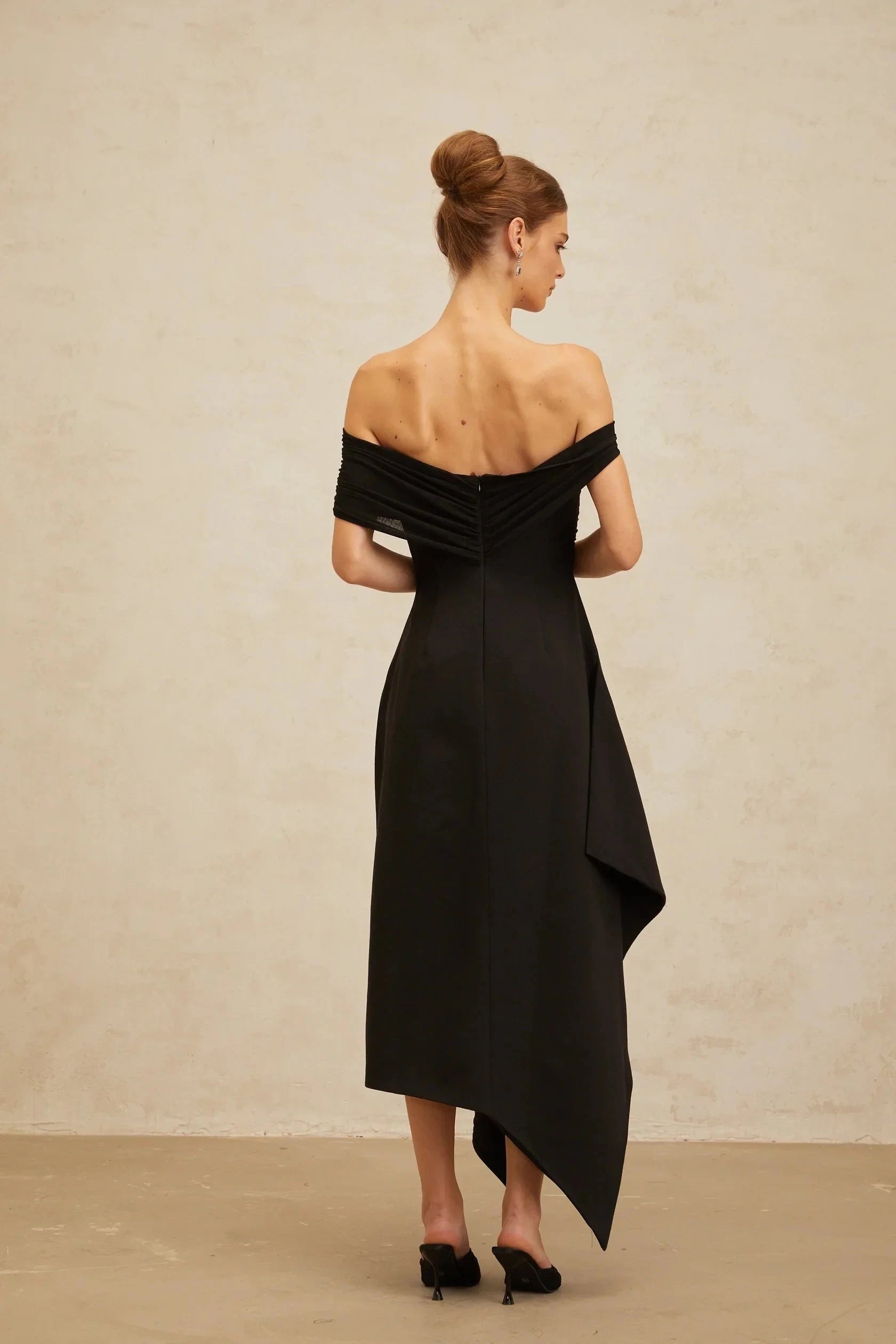 Black Off - Shoulder Asymmetric Midi Dress Black Off-Shoulder Asymmetrical Maxi Dress Evening Dress by YiHuiw