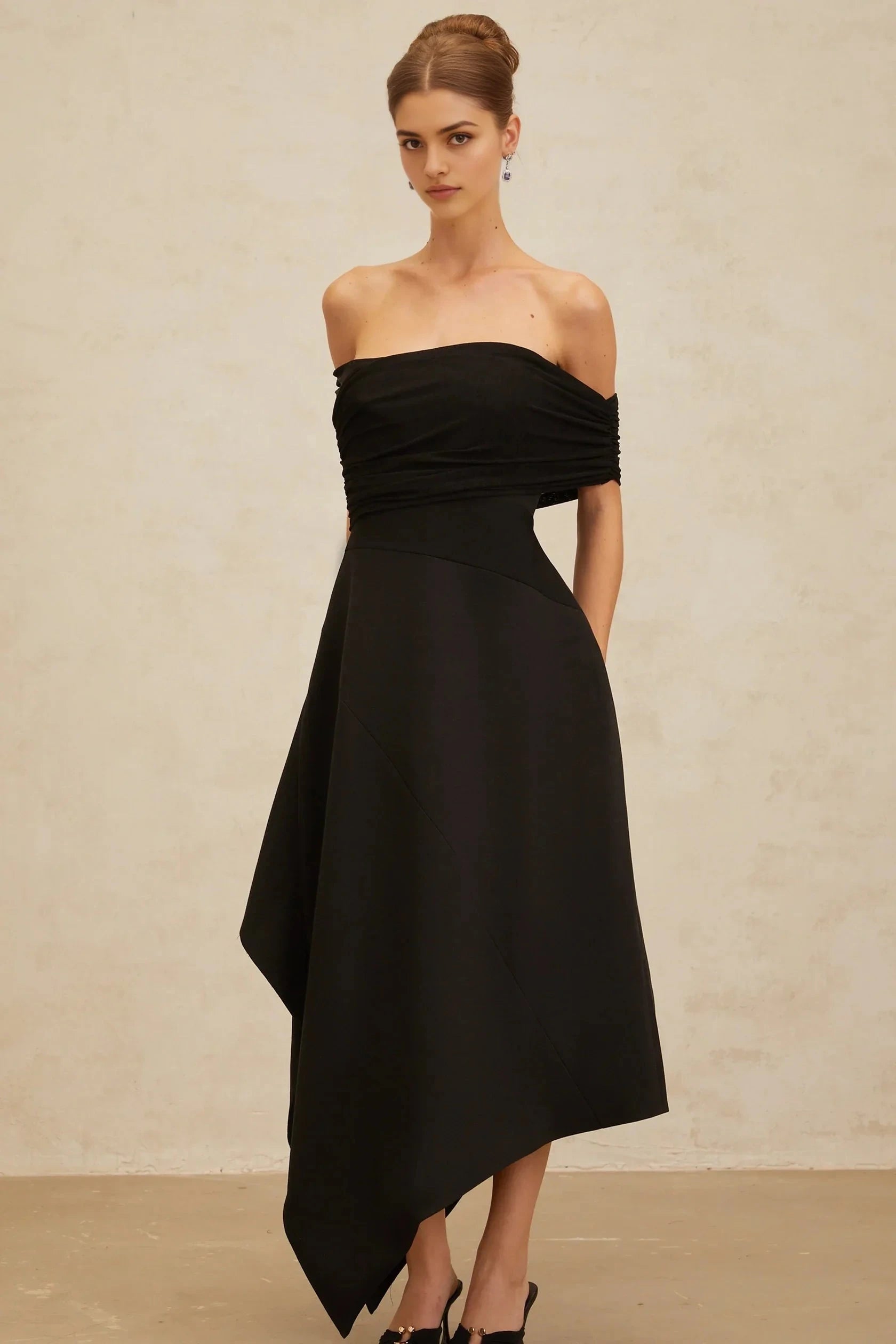 Black Off - Shoulder Asymmetric Midi Dress Black Off-Shoulder Asymmetrical Maxi Dress Evening Dress by YiHuiw