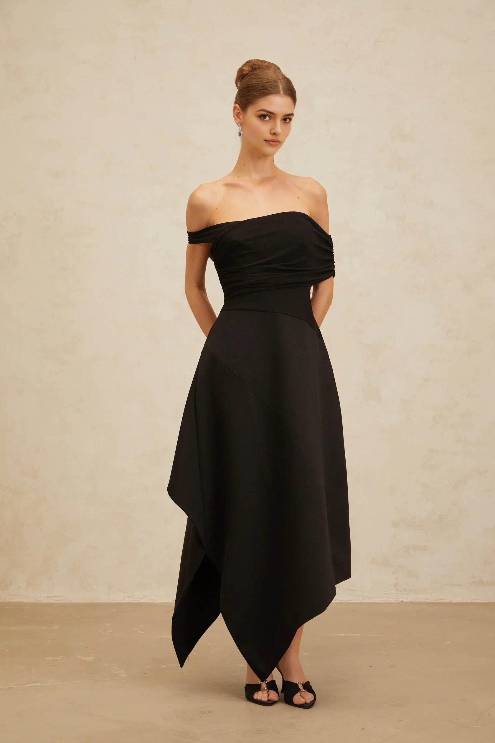 Black Off - Shoulder Asymmetric Midi Dress Black Off-Shoulder Asymmetrical Maxi Dress Evening Dress by YiHuiw