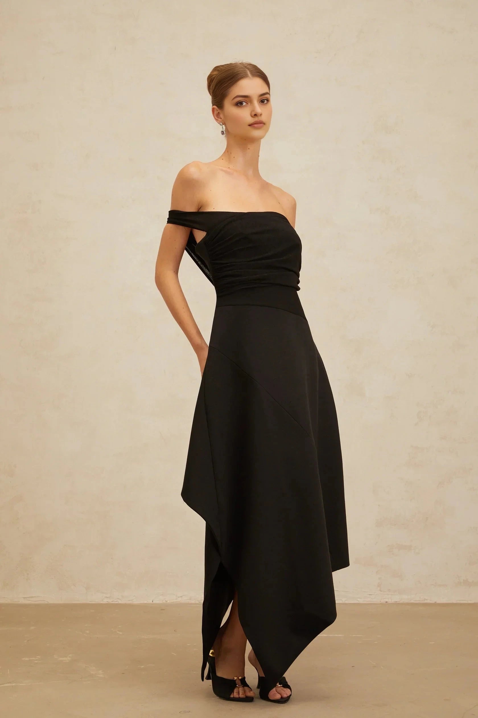 Black Off - Shoulder Asymmetric Midi Dress Black Off-Shoulder Asymmetrical Maxi Dress Evening Dress by YiHuiw