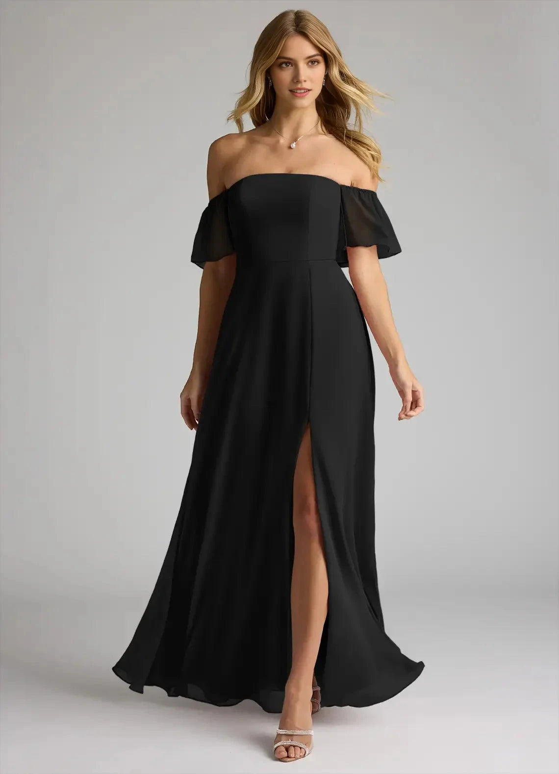 Black Off-Shoulder Chiffon Evening Gown with Side Slit A-Line Off the Convertible Bridesmaid Dresses by YiHuiw