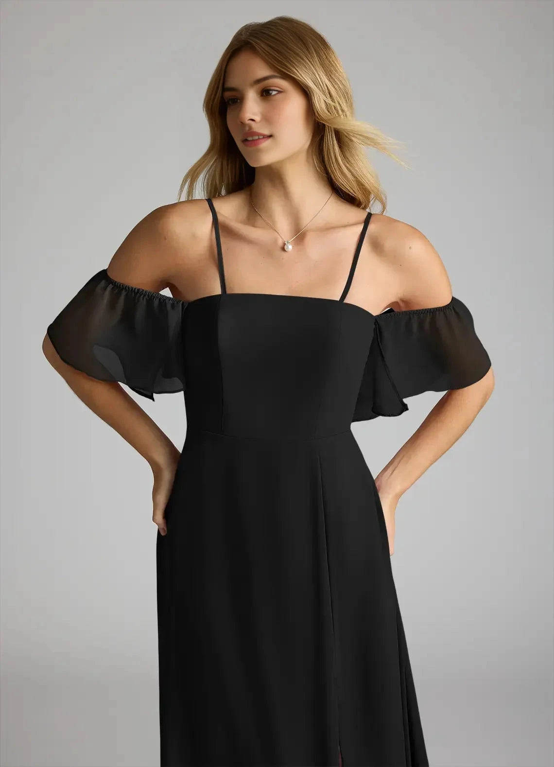 Black Off-Shoulder Chiffon Evening Gown with Side Slit A-Line Off the Convertible Bridesmaid Dresses by YiHuiw