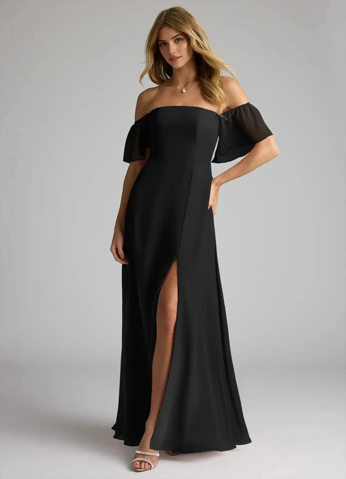 Black Off-Shoulder Chiffon Evening Gown with Side Slit A-Line Off the Convertible Bridesmaid Dresses by YiHuiw