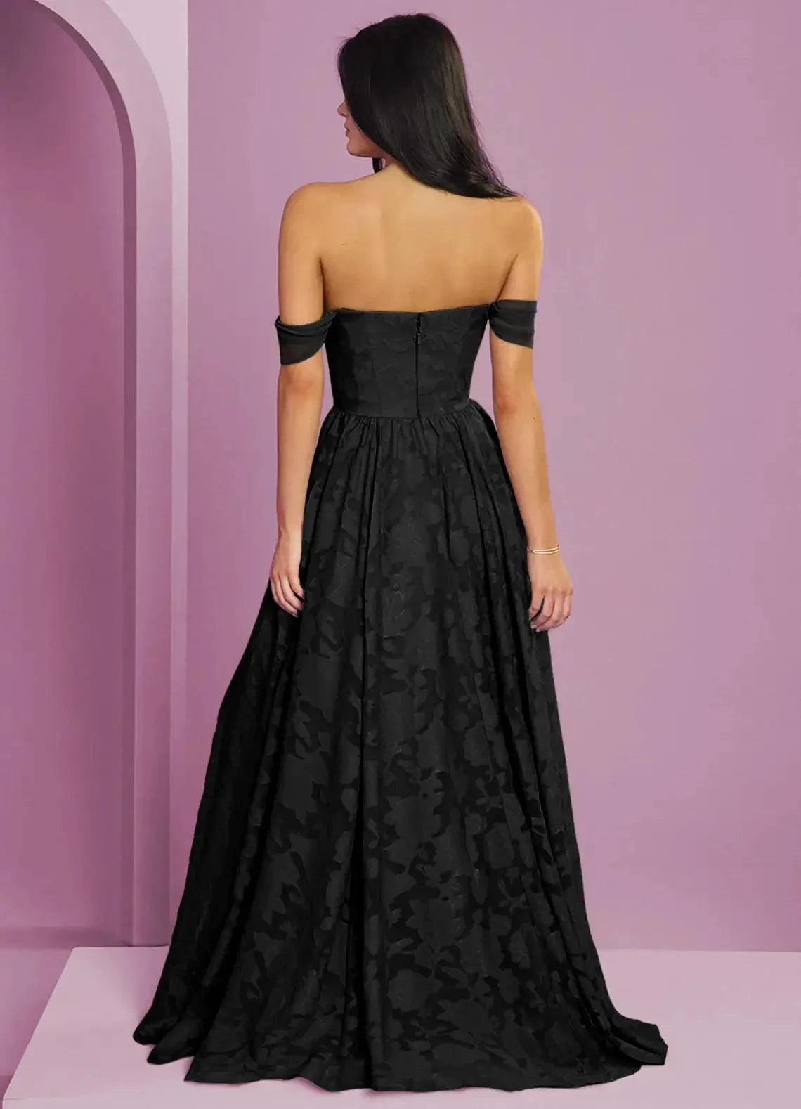 Black Off-Shoulder Jacquard Maxi Dress with Flowy Skirt A-Line Burnout Convertible Bridesmaid Dresses by YiHuiw