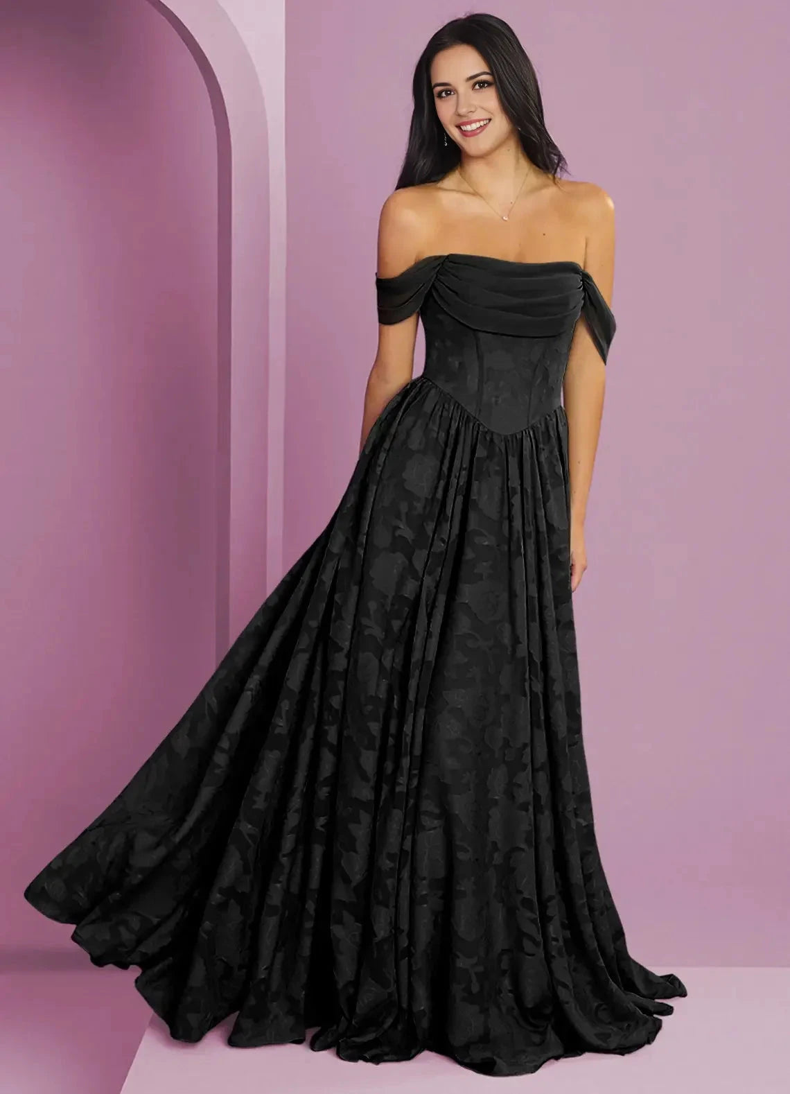 Black Off-Shoulder Jacquard Maxi Dress with Flowy Skirt A-Line Burnout Convertible Bridesmaid Dresses by YiHuiw