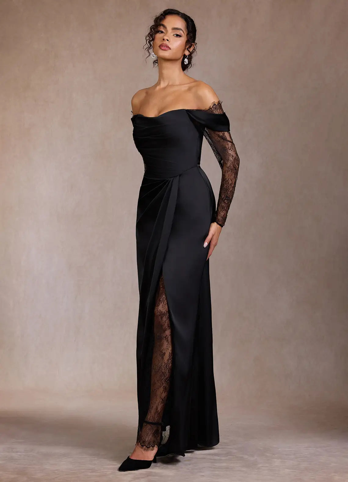 Black Off-Shoulder Satin High Slit Floor-Length Wedding Dress - Yihuiw by Yihuiw