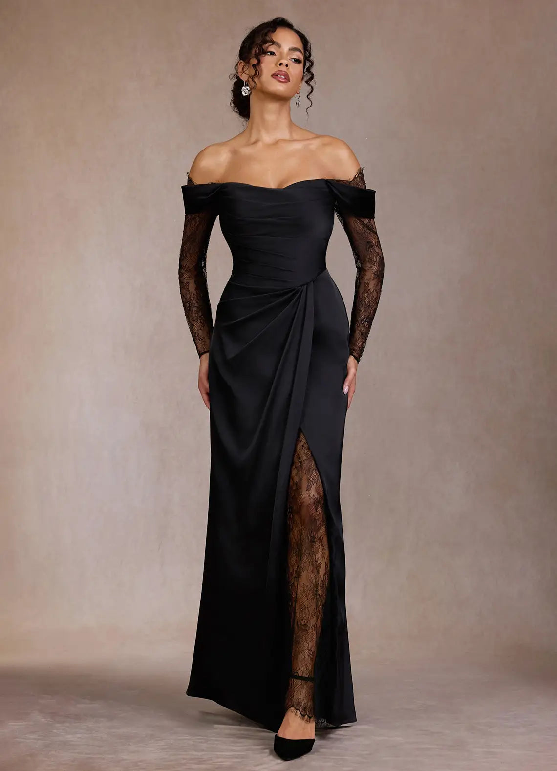 Black Off-Shoulder Satin High Slit Floor-Length Wedding Dress - Yihuiw by Yihuiw