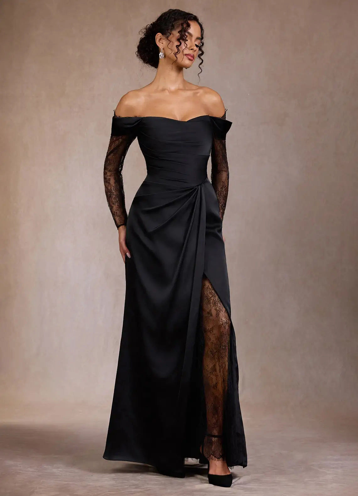 Black Off-Shoulder Satin High Slit Floor-Length Wedding Dress - Yihuiw by Yihuiw