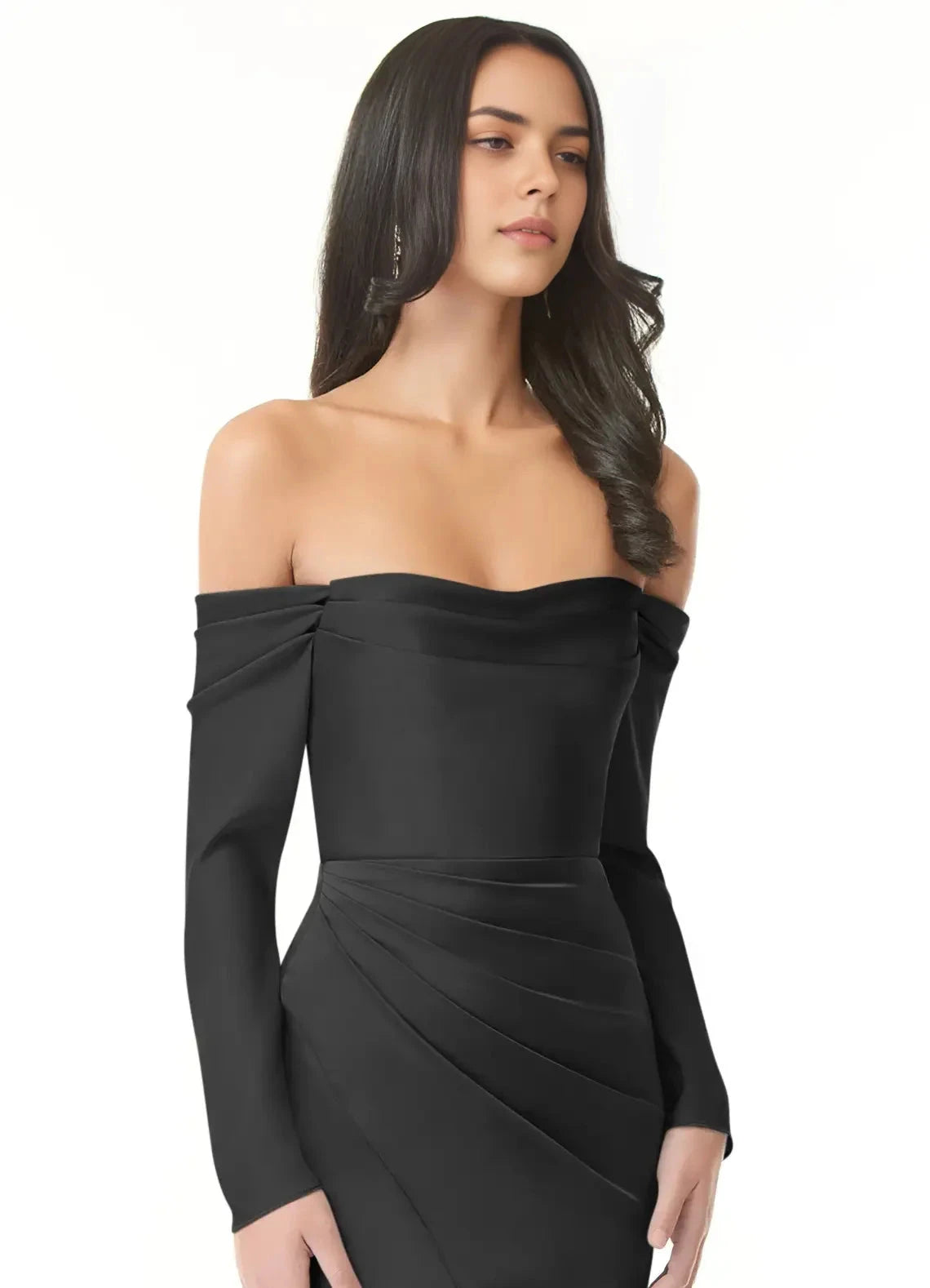 Black Off-Shoulder Long Sleeve Maxi Dress with Back Cutout Sheath Off-The-Shoulder Long Sleeve Stretch Satin Convertible Bridesmaid Dresses by YiHuiw