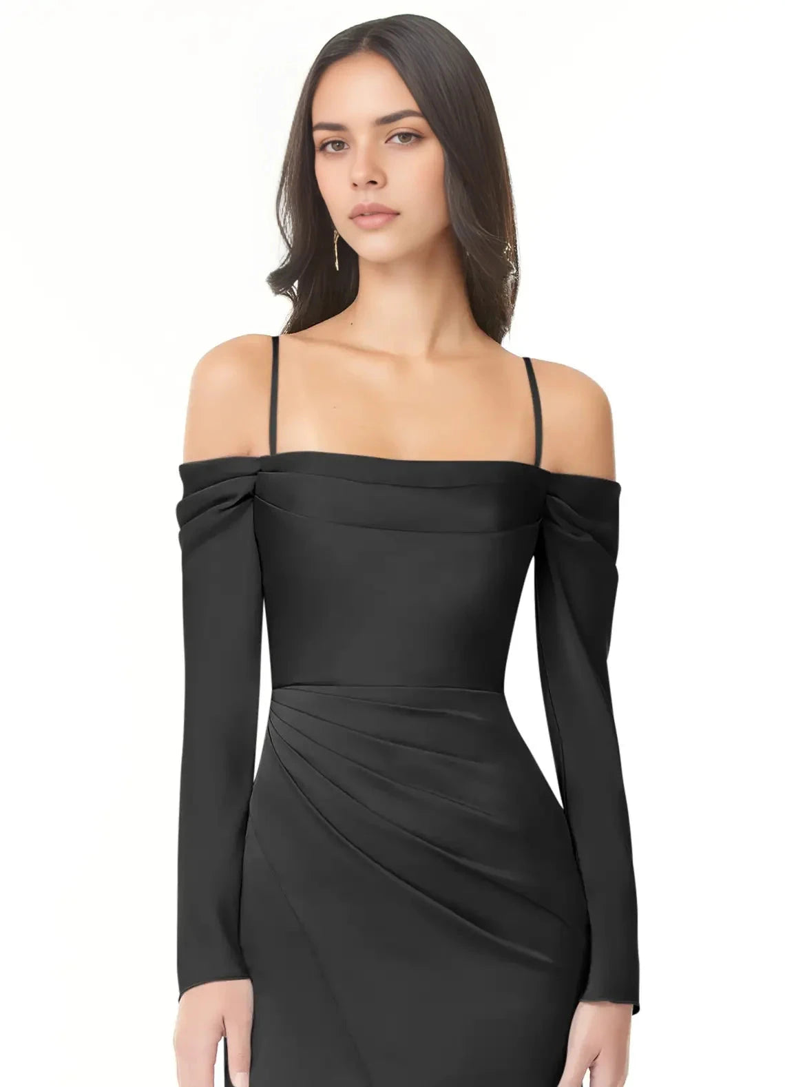Black Off-Shoulder Long Sleeve Maxi Dress with Back Cutout Sheath Off-The-Shoulder Long Sleeve Stretch Satin Convertible Bridesmaid Dresses by YiHuiw