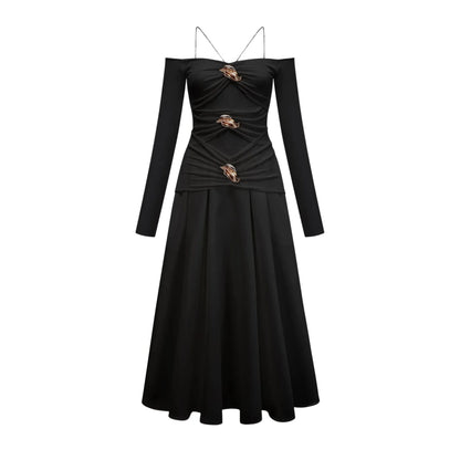Black Off - Shoulder Maxi Dress with Gold Embellishments Nadine off-shoulder panelled maxi dress in Black Evening Dress by YiHuiw