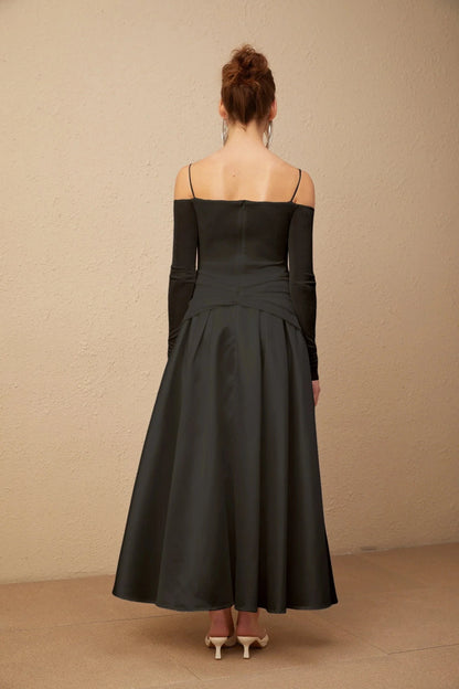 Black Off - Shoulder Maxi Dress with Gold Embellishments Nadine off-shoulder panelled maxi dress in Black Evening Dress by YiHuiw