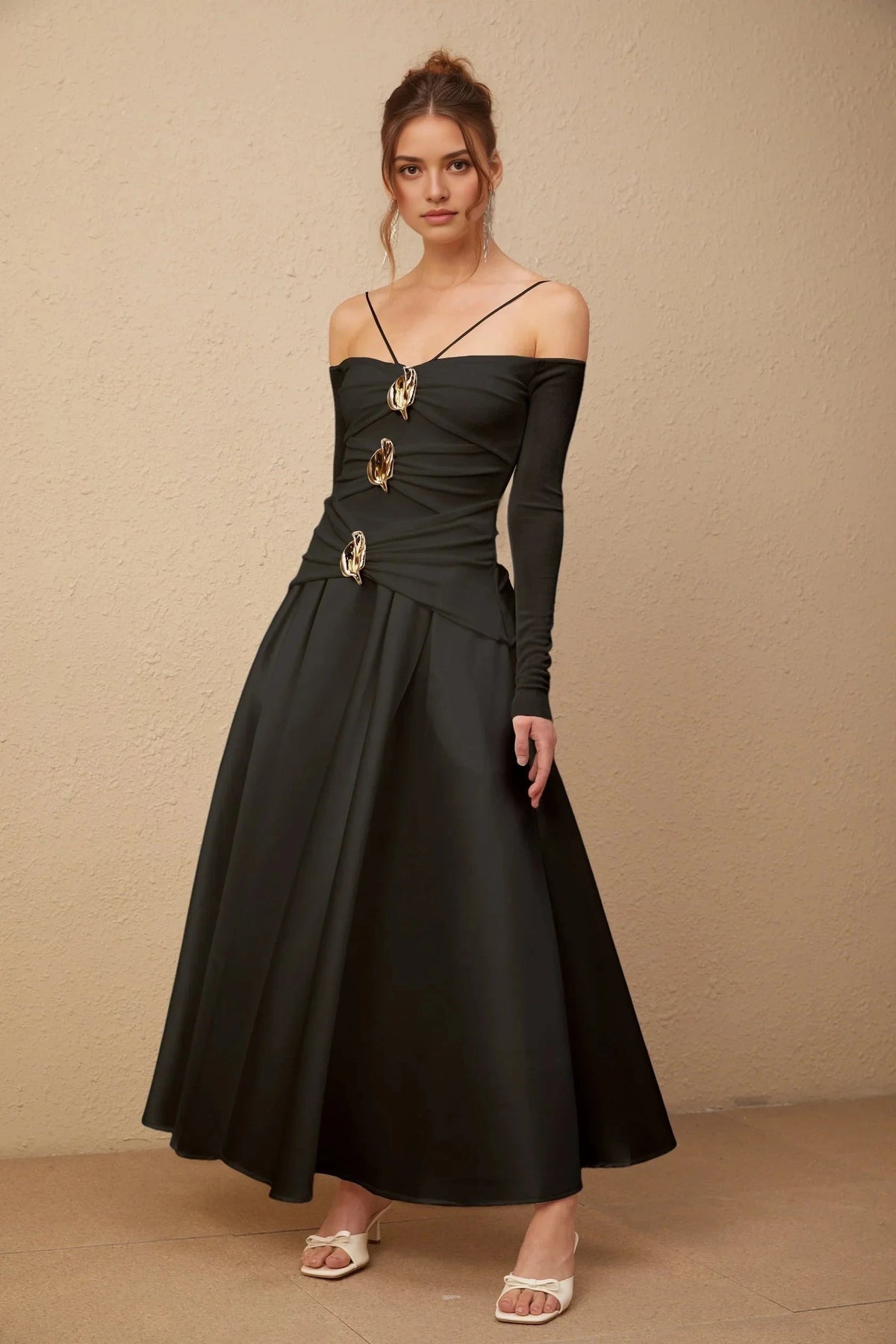 Black Off - Shoulder Maxi Dress with Gold Embellishments Nadine off-shoulder panelled maxi dress in Black Evening Dress by YiHuiw