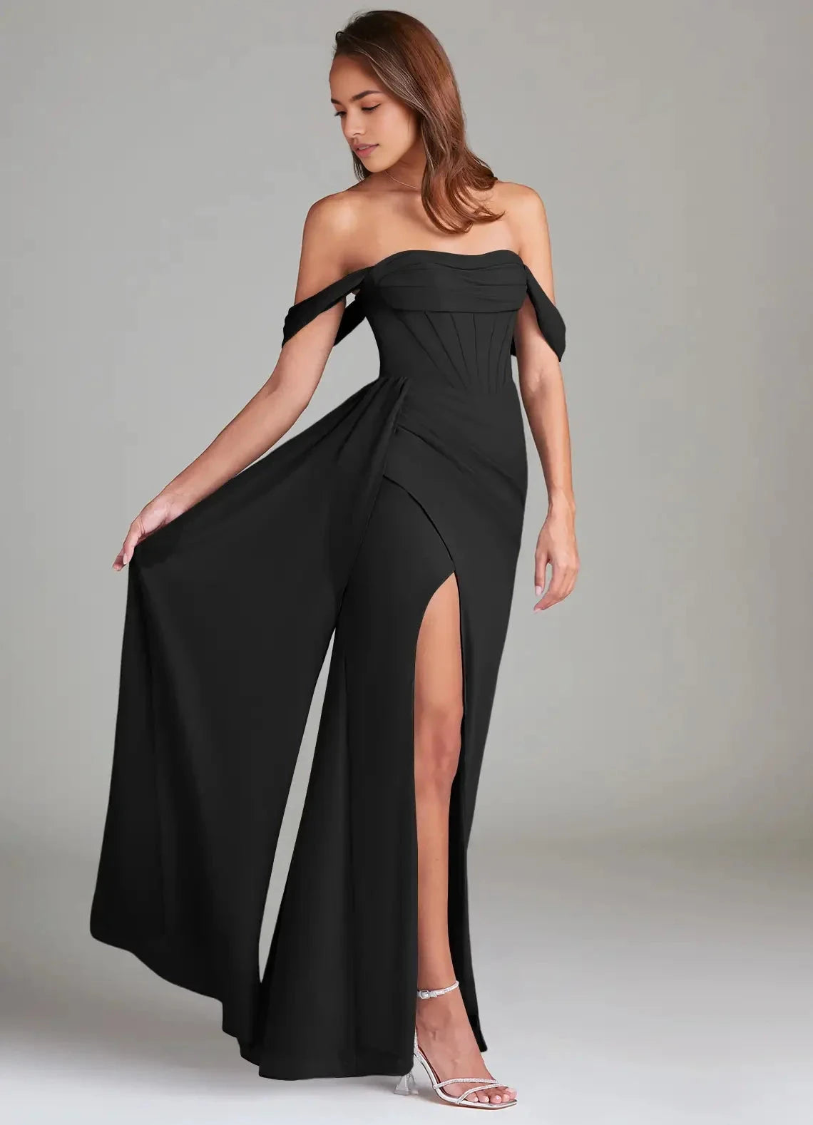 Black Off-Shoulder Maxi Dress with Side Slit and Corset Detail Black Sheath Off the Shoulder Chiffon Convertible Dress Dress Bridesmaid Dresses by YiHuiw