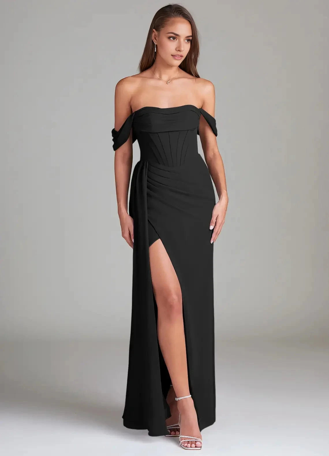 Black Off-Shoulder Maxi Dress with Side Slit and Corset Detail Black Sheath Off the Shoulder Chiffon Convertible Dress Dress Bridesmaid Dresses by YiHuiw