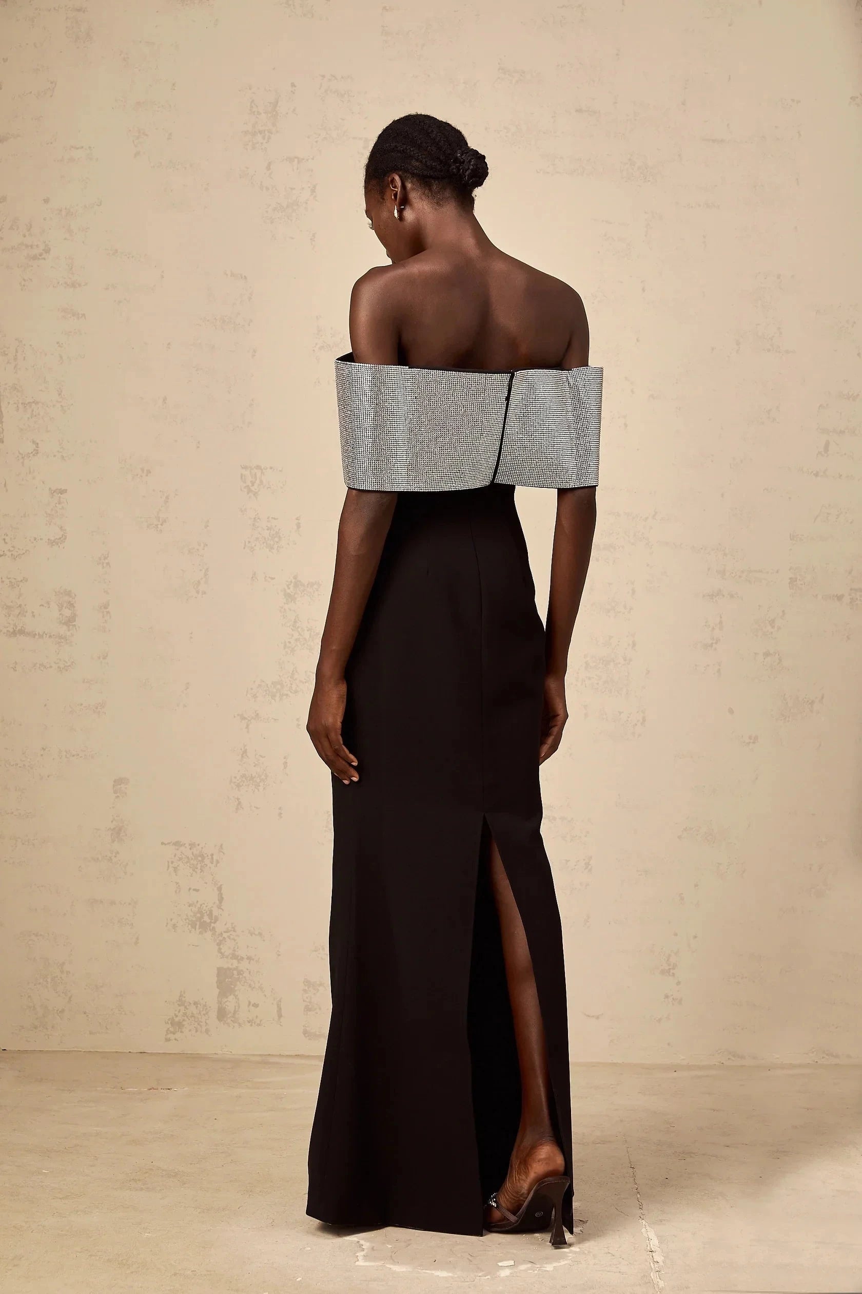 Black Off - Shoulder Maxi Dress with Silver Bow Detail black rhinestone-bow off-shoulder maxi dress Evening Dress by YiHuiw