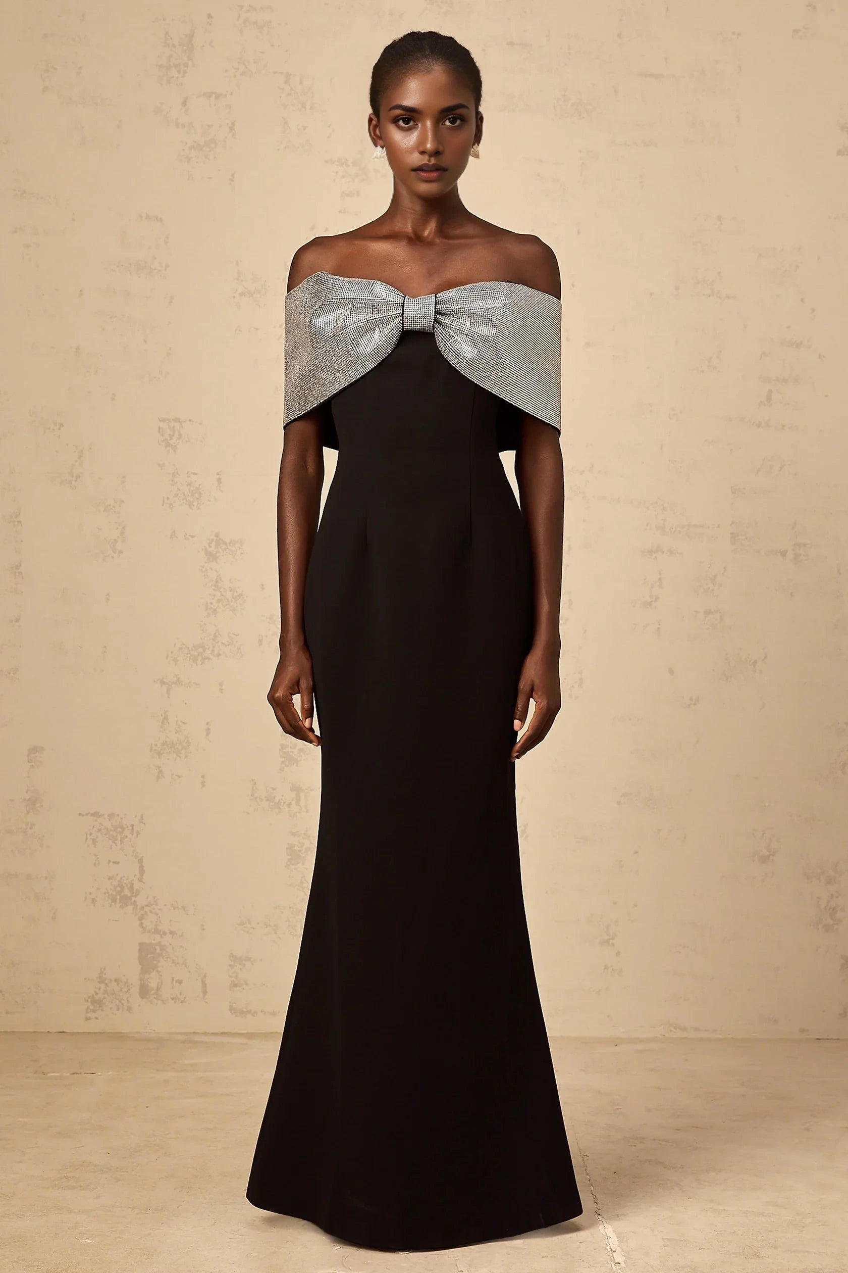Black Off - Shoulder Maxi Dress with Silver Bow Detail black rhinestone-bow off-shoulder maxi dress Evening Dress by YiHuiw