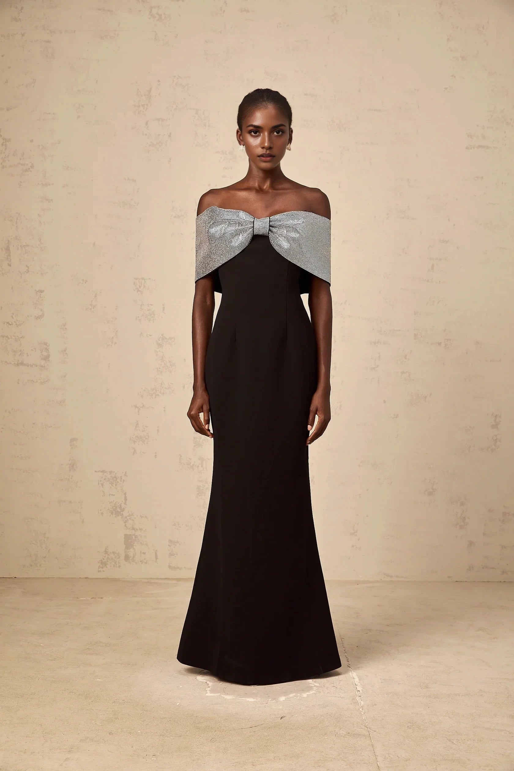 Black Off - Shoulder Maxi Dress with Silver Bow Detail black rhinestone-bow off-shoulder maxi dress Evening Dress by YiHuiw