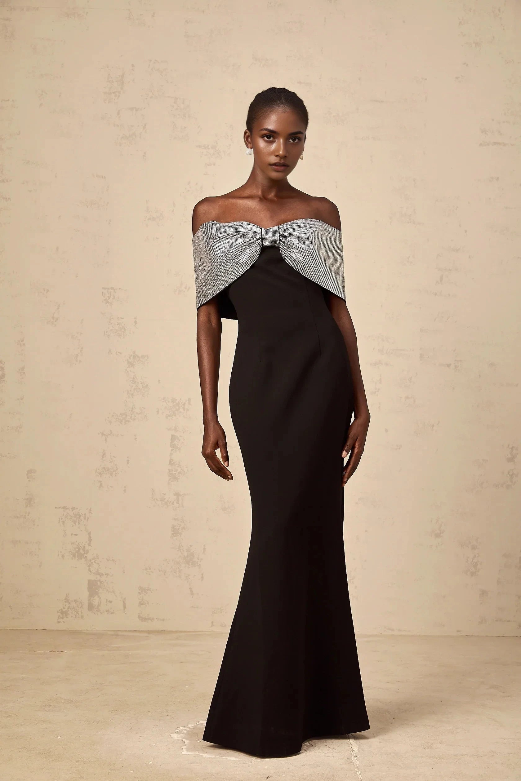 Black Off - Shoulder Maxi Dress with Silver Bow Detail black rhinestone-bow off-shoulder maxi dress Evening Dress by YiHuiw