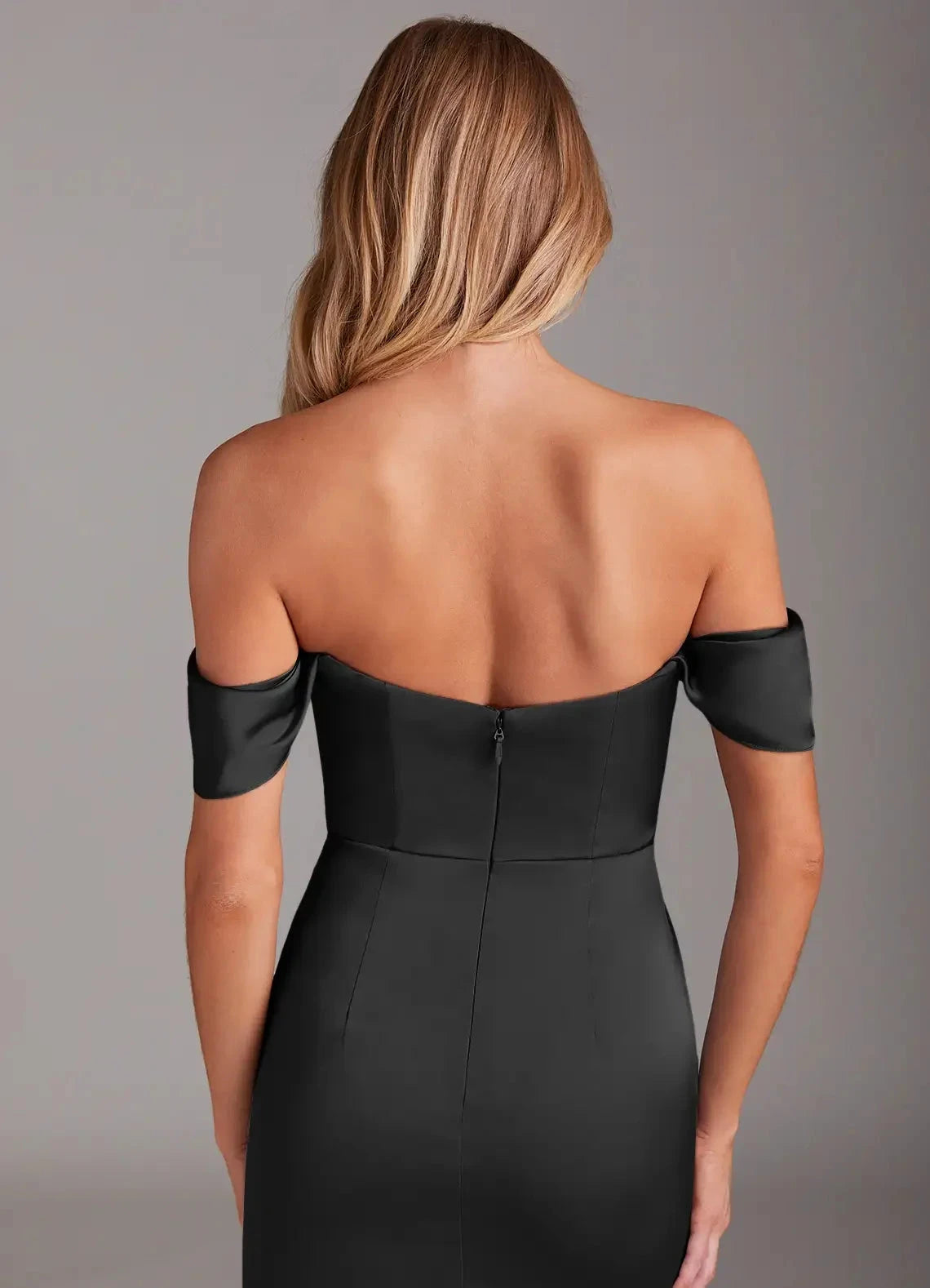 Black Off-Shoulder Mermaid Maxi Dress with Side Slit Black Sheath Off the Shoulder Stretch Satin Dress Bridesmaid Dresses by YiHuiw