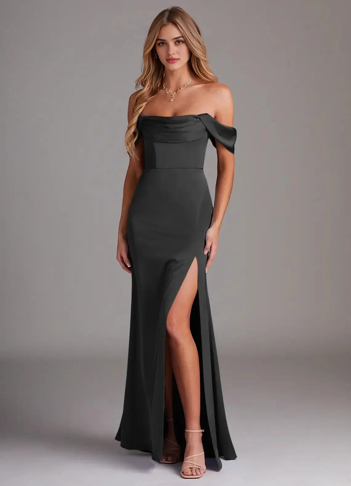 Black Off-Shoulder Mermaid Maxi Dress with Side Slit Black Sheath Off the Shoulder Stretch Satin Dress Bridesmaid Dresses by YiHuiw