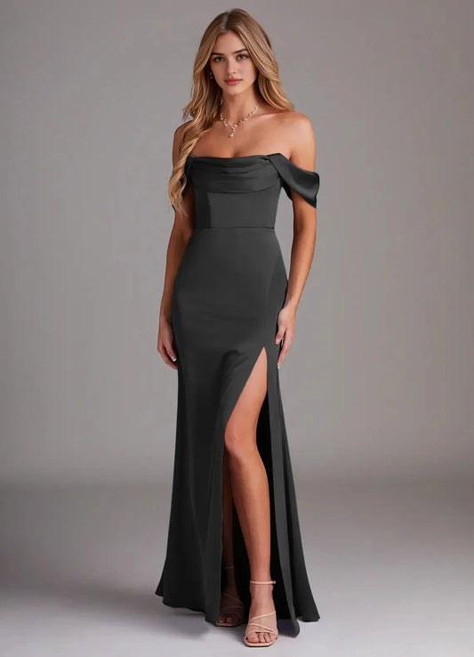 Black Off-Shoulder Mermaid Maxi Dress with Side Slit Black Sheath Off the Shoulder Stretch Satin Dress Bridesmaid Dresses by YiHuiw