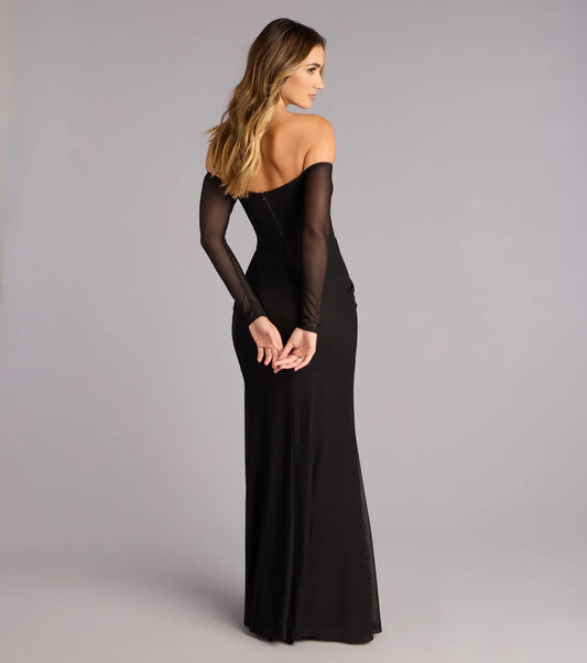 Black Mermaid Off-Shoulder Mesh Lace-Up Back High Slit Floor-Length Wedding Dress - Yihuiw by Yihuiw