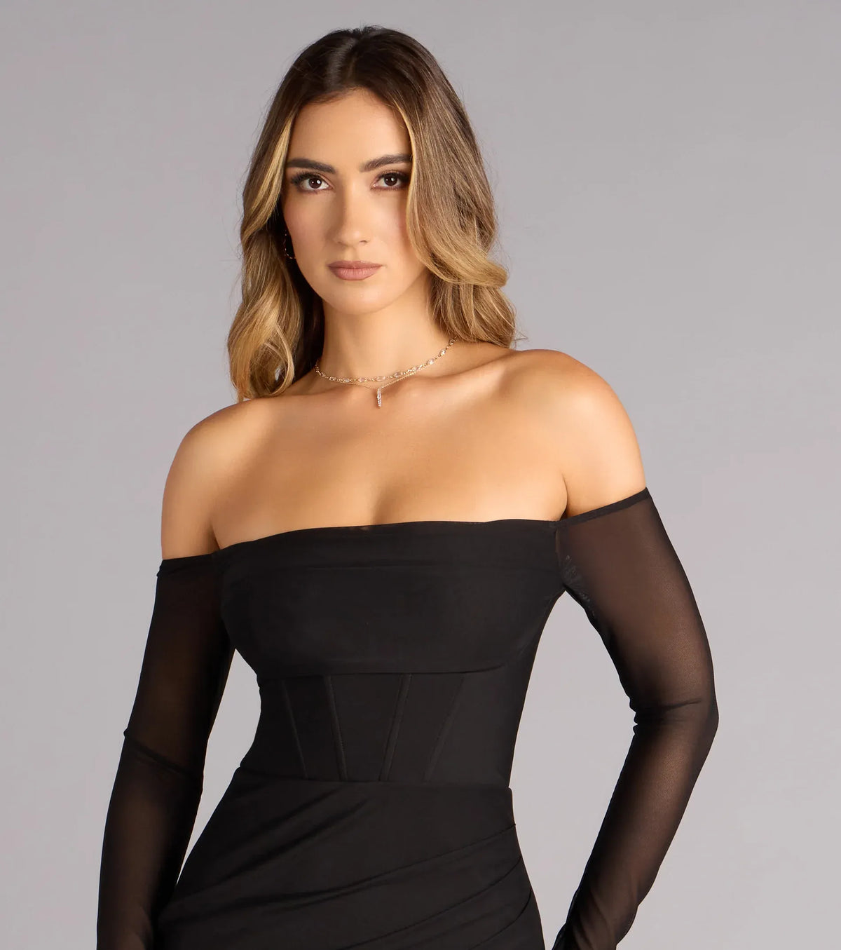 Black Mermaid Off-Shoulder Mesh Lace-Up Back High Slit Floor-Length Wedding Dress - Yihuiw by Yihuiw