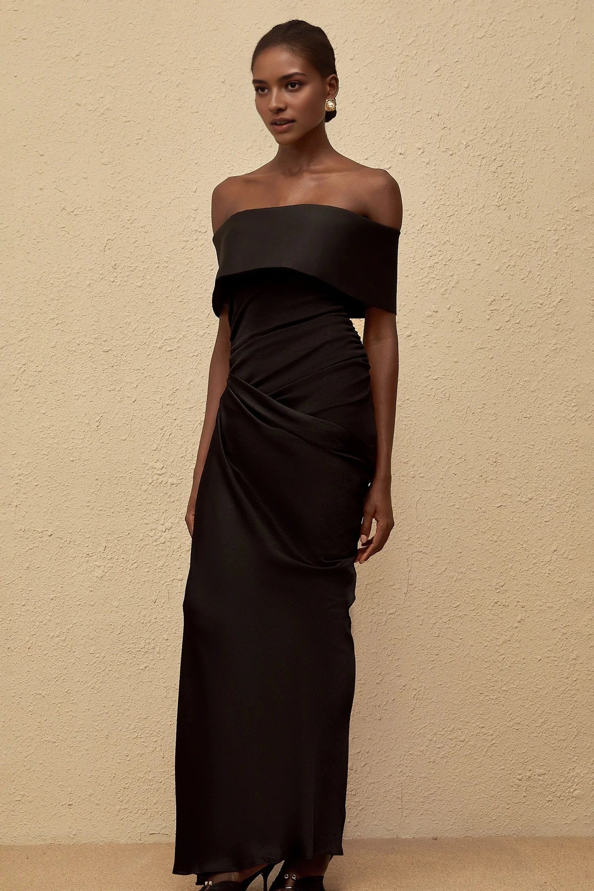 Black Off - Shoulder Ruched Maxi Dress Black Off-Shoulder Satin Maxi Dress by YiHuiw