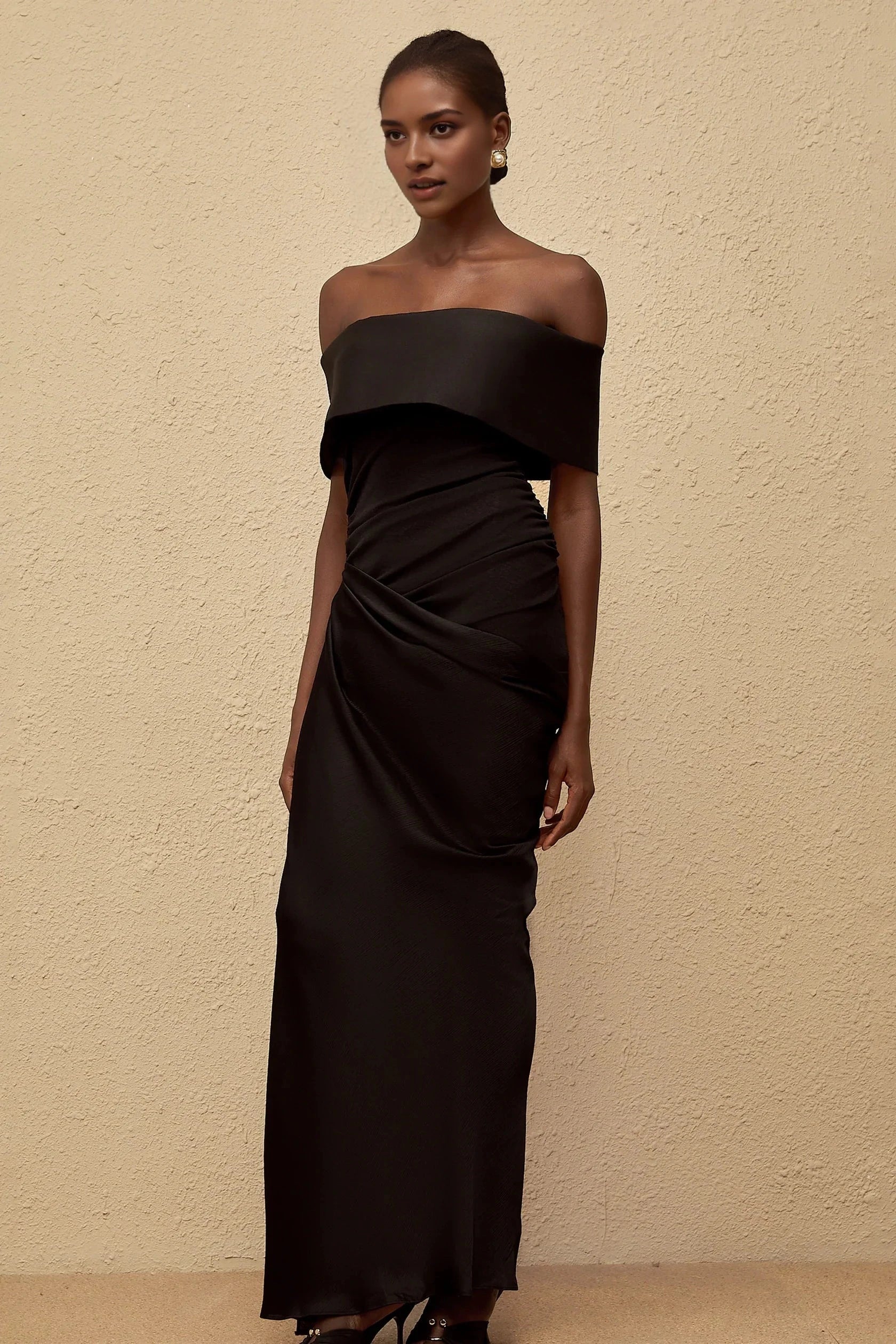 Black Off - Shoulder Ruched Maxi Dress Black Off-Shoulder Satin Maxi Dress by YiHuiw